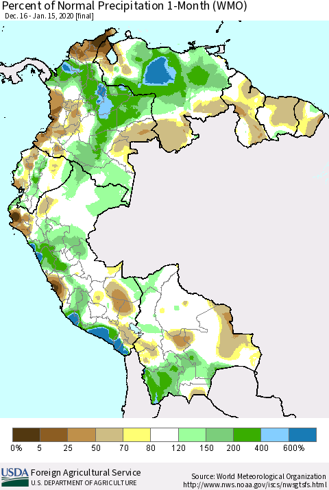 Northern South America Percent of Normal Precipitation 1-Month (WMO) Thematic Map For 12/16/2019 - 1/15/2020