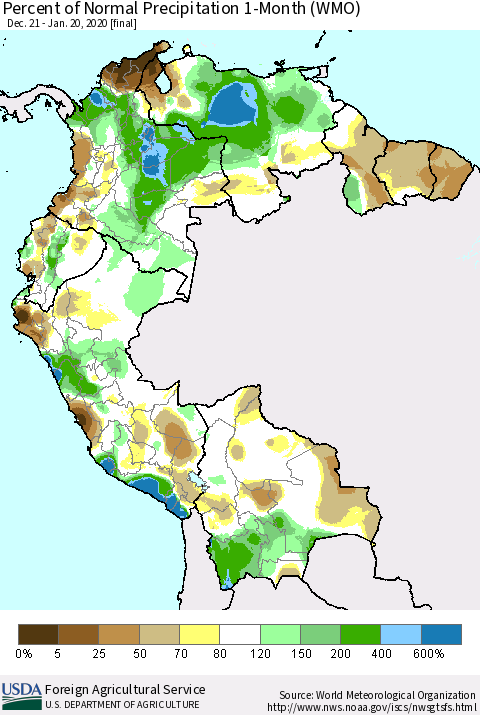 Northern South America Percent of Normal Precipitation 1-Month (WMO) Thematic Map For 12/21/2019 - 1/20/2020