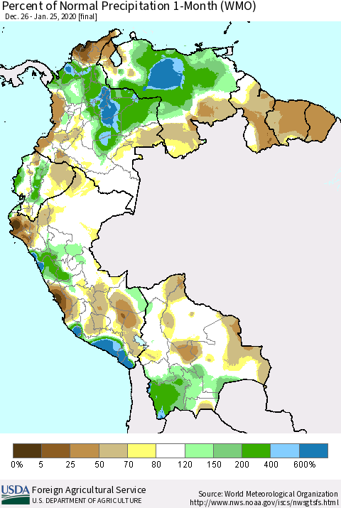 Northern South America Percent of Normal Precipitation 1-Month (WMO) Thematic Map For 12/26/2019 - 1/25/2020