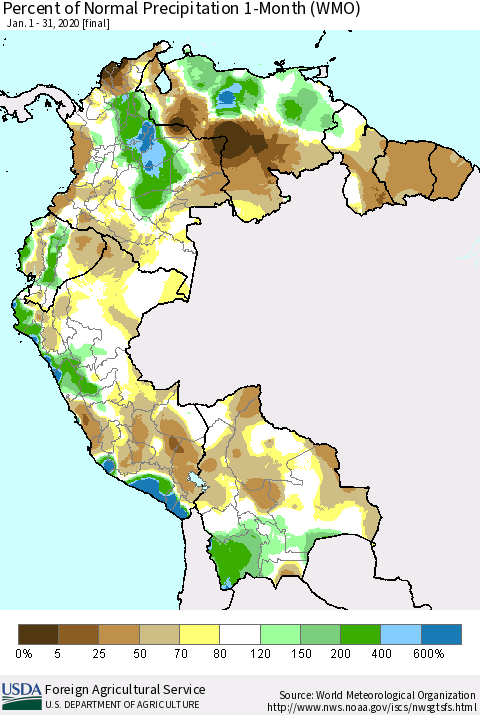 Northern South America Percent of Normal Precipitation 1-Month (WMO) Thematic Map For 1/1/2020 - 1/31/2020