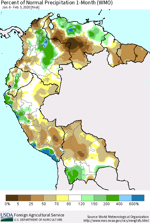 Northern South America Percent of Normal Precipitation 1-Month (WMO) Thematic Map For 1/6/2020 - 2/5/2020