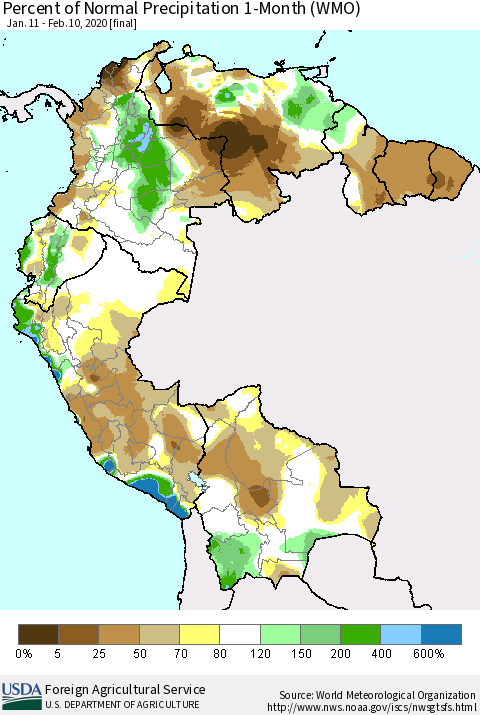 Northern South America Percent of Normal Precipitation 1-Month (WMO) Thematic Map For 1/11/2020 - 2/10/2020