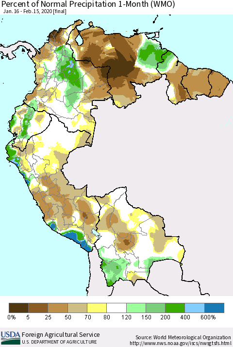 Northern South America Percent of Normal Precipitation 1-Month (WMO) Thematic Map For 1/16/2020 - 2/15/2020