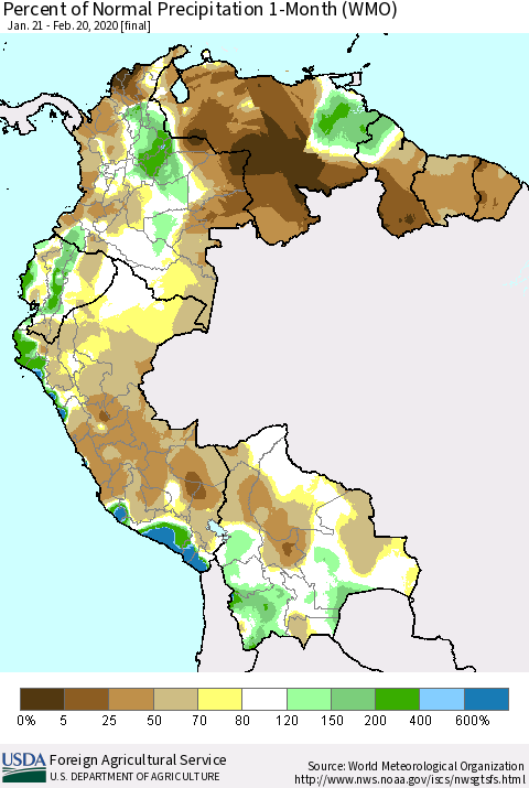 Northern South America Percent of Normal Precipitation 1-Month (WMO) Thematic Map For 1/21/2020 - 2/20/2020