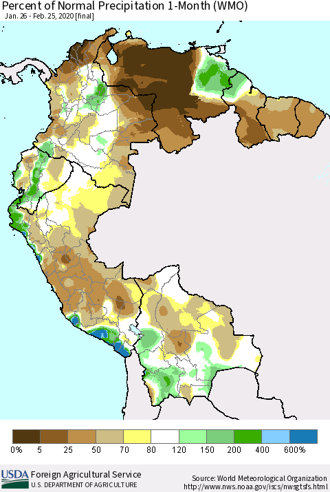 Northern South America Percent of Normal Precipitation 1-Month (WMO) Thematic Map For 1/26/2020 - 2/25/2020