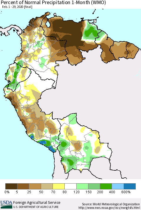 Northern South America Percent of Normal Precipitation 1-Month (WMO) Thematic Map For 2/1/2020 - 2/29/2020