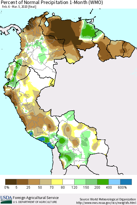 Northern South America Percent of Normal Precipitation 1-Month (WMO) Thematic Map For 2/6/2020 - 3/5/2020