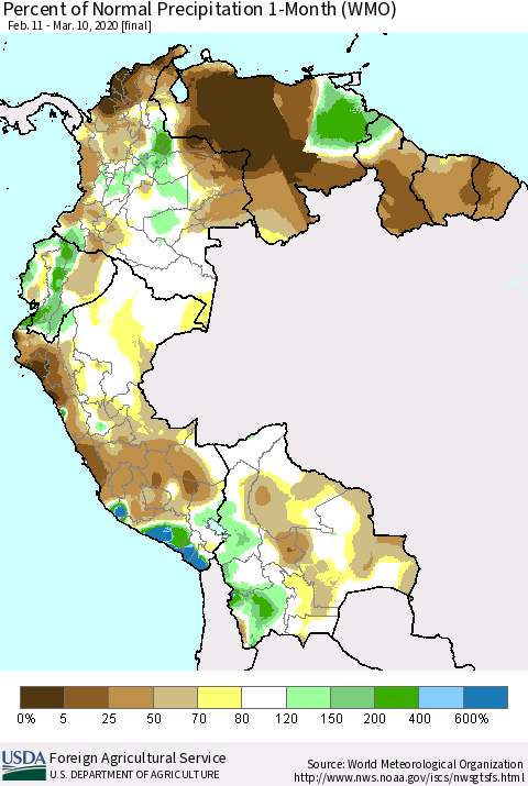 Northern South America Percent of Normal Precipitation 1-Month (WMO) Thematic Map For 2/11/2020 - 3/10/2020