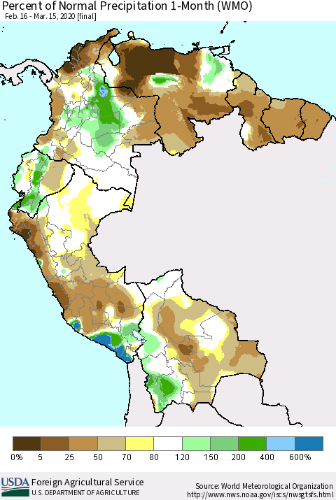 Northern South America Percent of Normal Precipitation 1-Month (WMO) Thematic Map For 2/16/2020 - 3/15/2020