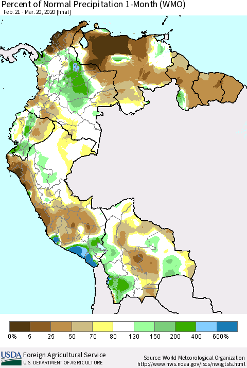 Northern South America Percent of Normal Precipitation 1-Month (WMO) Thematic Map For 2/21/2020 - 3/20/2020
