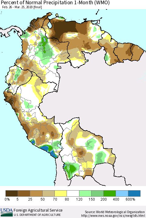 Northern South America Percent of Normal Precipitation 1-Month (WMO) Thematic Map For 2/26/2020 - 3/25/2020