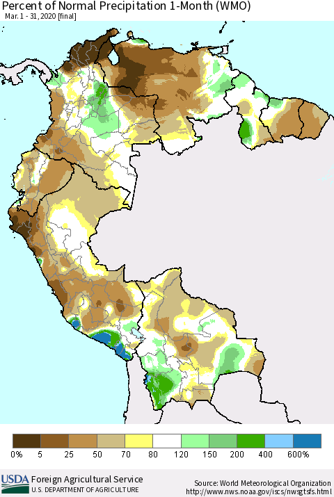 Northern South America Percent of Normal Precipitation 1-Month (WMO) Thematic Map For 3/1/2020 - 3/31/2020