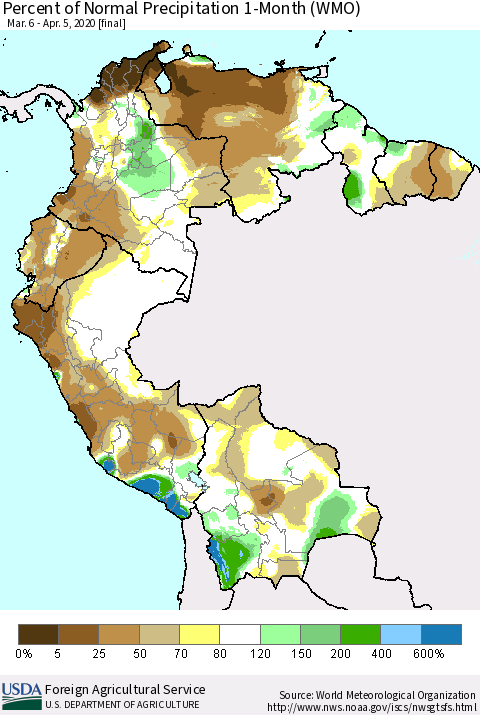 Northern South America Percent of Normal Precipitation 1-Month (WMO) Thematic Map For 3/6/2020 - 4/5/2020