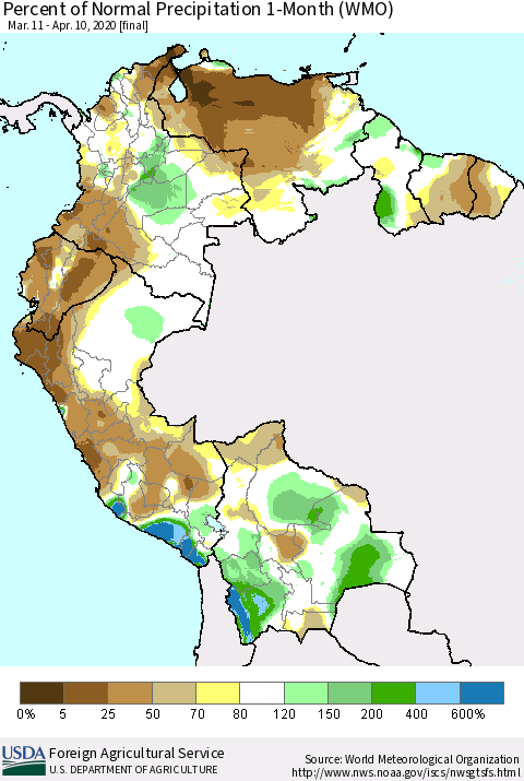 Northern South America Percent of Normal Precipitation 1-Month (WMO) Thematic Map For 3/11/2020 - 4/10/2020