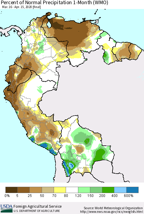 Northern South America Percent of Normal Precipitation 1-Month (WMO) Thematic Map For 3/16/2020 - 4/15/2020