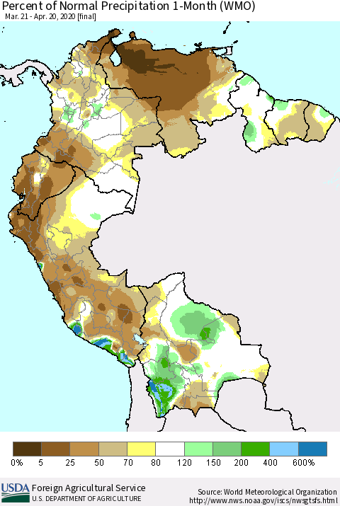 Northern South America Percent of Normal Precipitation 1-Month (WMO) Thematic Map For 3/21/2020 - 4/20/2020