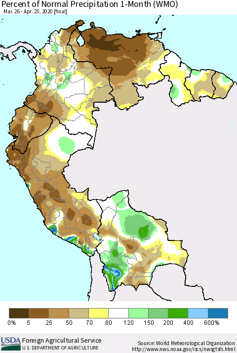 Northern South America Percent of Normal Precipitation 1-Month (WMO) Thematic Map For 3/26/2020 - 4/25/2020