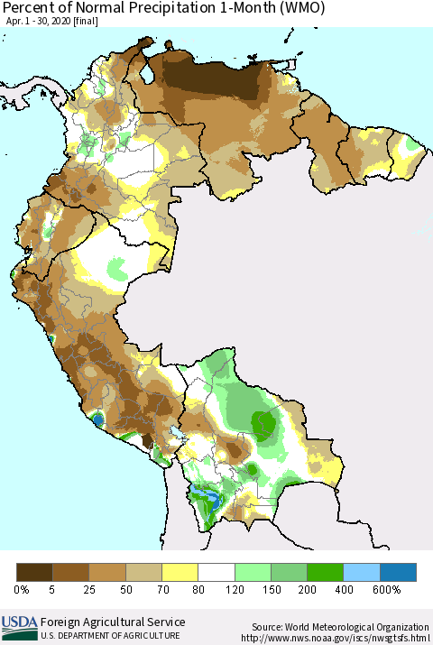 Northern South America Percent of Normal Precipitation 1-Month (WMO) Thematic Map For 4/1/2020 - 4/30/2020