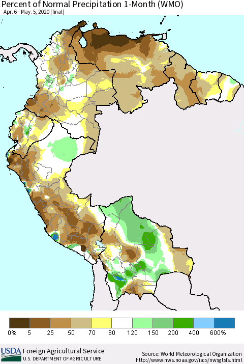 Northern South America Percent of Normal Precipitation 1-Month (WMO) Thematic Map For 4/6/2020 - 5/5/2020