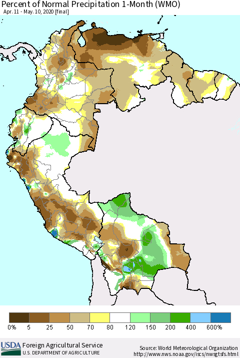 Northern South America Percent of Normal Precipitation 1-Month (WMO) Thematic Map For 4/11/2020 - 5/10/2020
