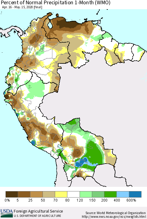 Northern South America Percent of Normal Precipitation 1-Month (WMO) Thematic Map For 4/16/2020 - 5/15/2020