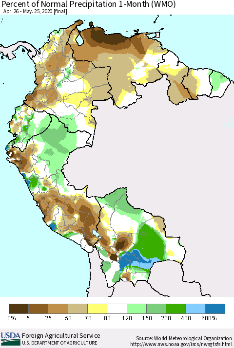 Northern South America Percent of Normal Precipitation 1-Month (WMO) Thematic Map For 4/26/2020 - 5/25/2020