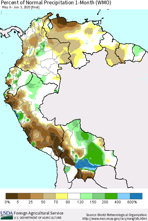 Northern South America Percent of Normal Precipitation 1-Month (WMO) Thematic Map For 5/6/2020 - 6/5/2020