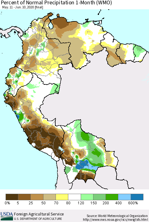 Northern South America Percent of Normal Precipitation 1-Month (WMO) Thematic Map For 5/11/2020 - 6/10/2020