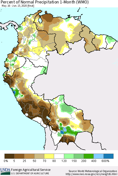 Northern South America Percent of Normal Precipitation 1-Month (WMO) Thematic Map For 5/16/2020 - 6/15/2020