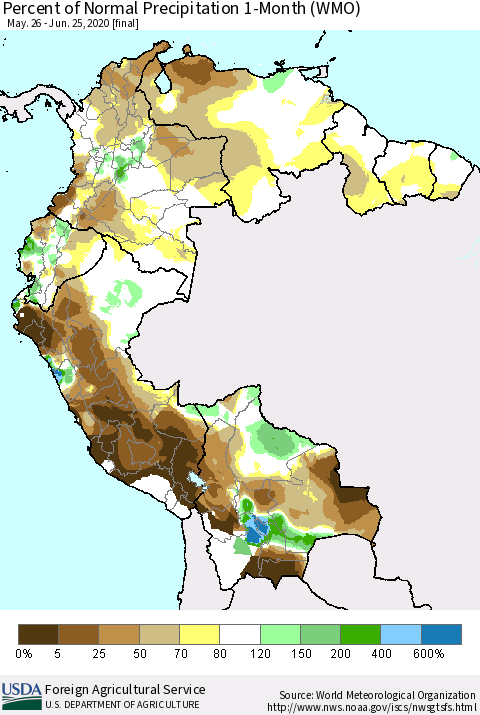 Northern South America Percent of Normal Precipitation 1-Month (WMO) Thematic Map For 5/26/2020 - 6/25/2020