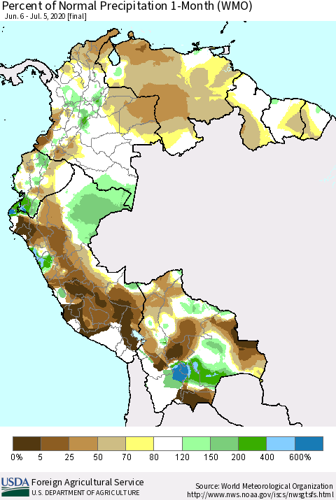Northern South America Percent of Normal Precipitation 1-Month (WMO) Thematic Map For 6/6/2020 - 7/5/2020