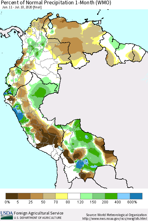 Northern South America Percent of Normal Precipitation 1-Month (WMO) Thematic Map For 6/11/2020 - 7/10/2020