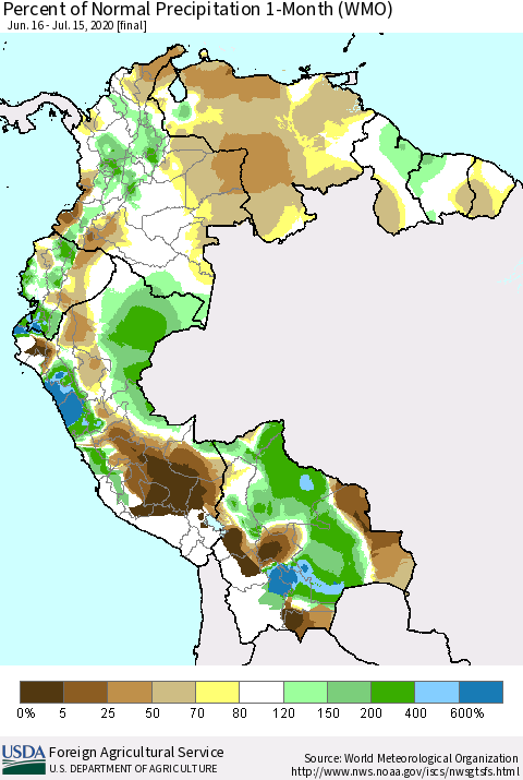 Northern South America Percent of Normal Precipitation 1-Month (WMO) Thematic Map For 6/16/2020 - 7/15/2020