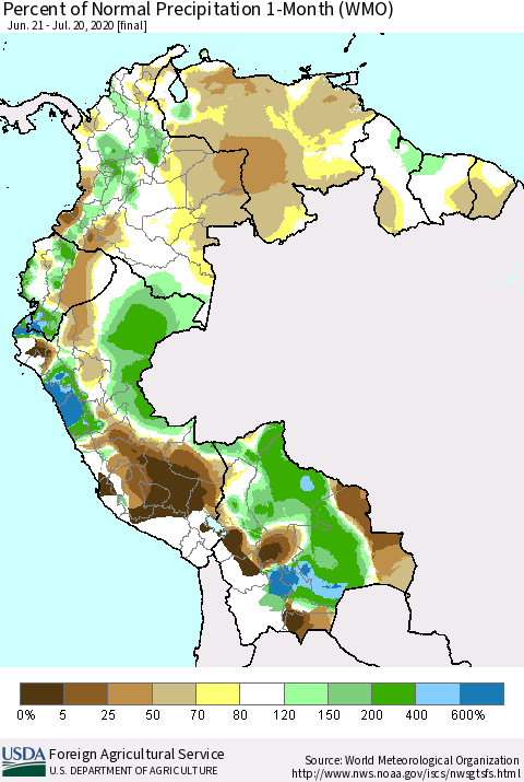 Northern South America Percent of Normal Precipitation 1-Month (WMO) Thematic Map For 6/21/2020 - 7/20/2020