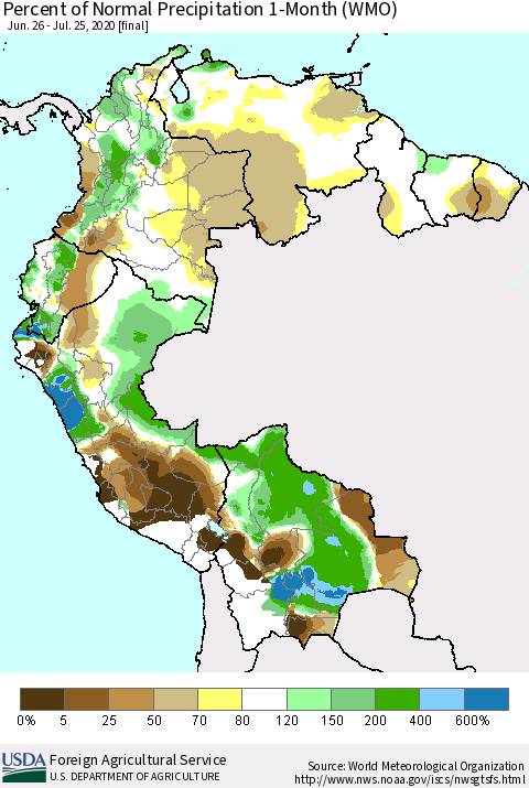Northern South America Percent of Normal Precipitation 1-Month (WMO) Thematic Map For 6/26/2020 - 7/25/2020