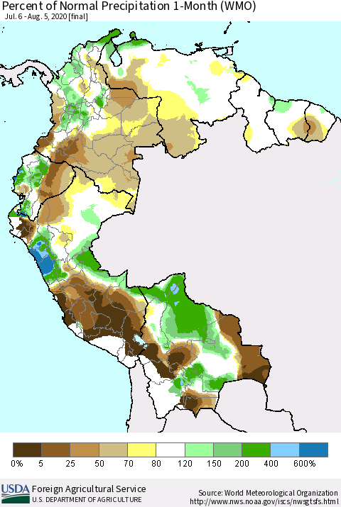 Northern South America Percent of Normal Precipitation 1-Month (WMO) Thematic Map For 7/6/2020 - 8/5/2020