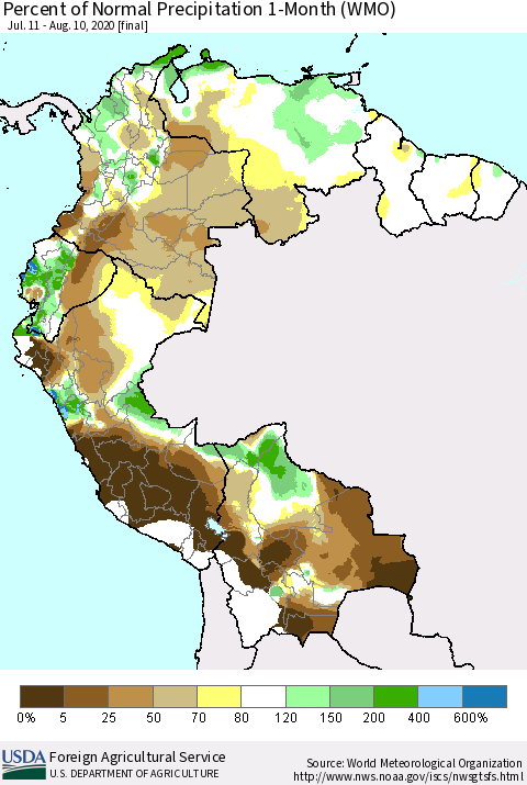 Northern South America Percent of Normal Precipitation 1-Month (WMO) Thematic Map For 7/11/2020 - 8/10/2020