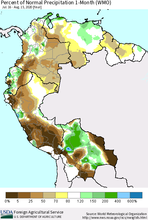 Northern South America Percent of Normal Precipitation 1-Month (WMO) Thematic Map For 7/16/2020 - 8/15/2020
