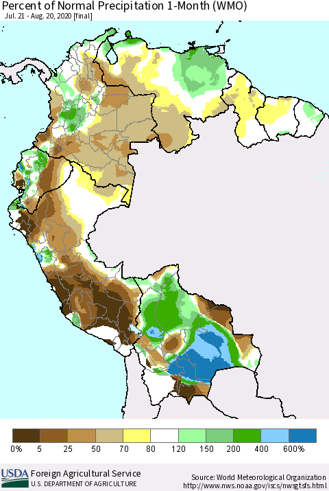 Northern South America Percent of Normal Precipitation 1-Month (WMO) Thematic Map For 7/21/2020 - 8/20/2020