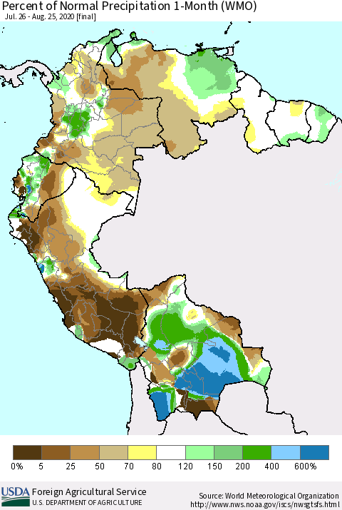 Northern South America Percent of Normal Precipitation 1-Month (WMO) Thematic Map For 7/26/2020 - 8/25/2020