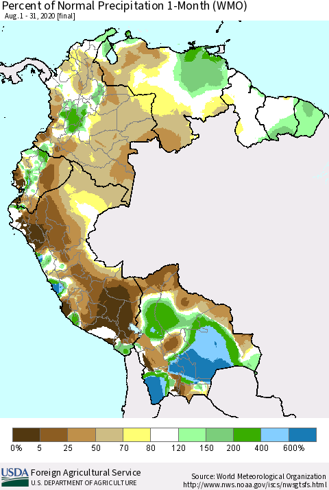 Northern South America Percent of Normal Precipitation 1-Month (WMO) Thematic Map For 8/1/2020 - 8/31/2020