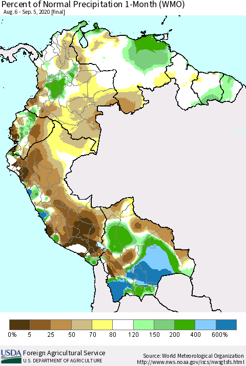 Northern South America Percent of Normal Precipitation 1-Month (WMO) Thematic Map For 8/6/2020 - 9/5/2020