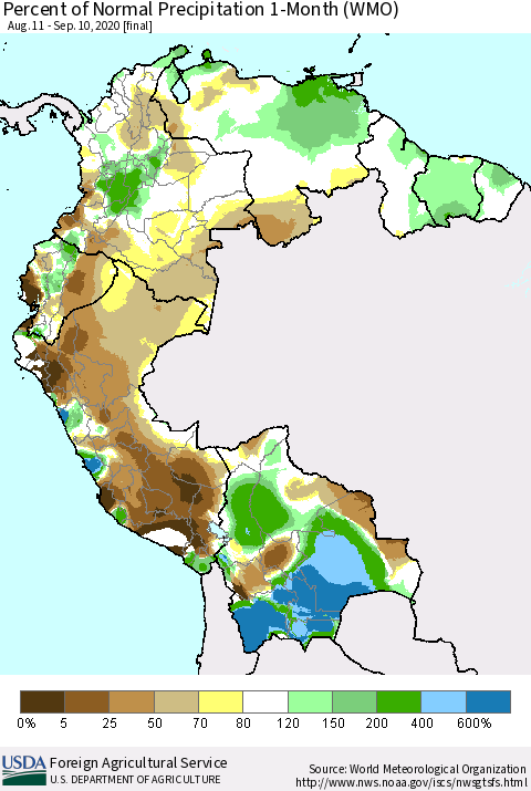 Northern South America Percent of Normal Precipitation 1-Month (WMO) Thematic Map For 8/11/2020 - 9/10/2020