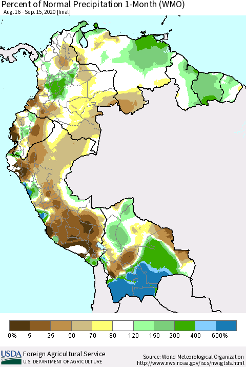 Northern South America Percent of Normal Precipitation 1-Month (WMO) Thematic Map For 8/16/2020 - 9/15/2020