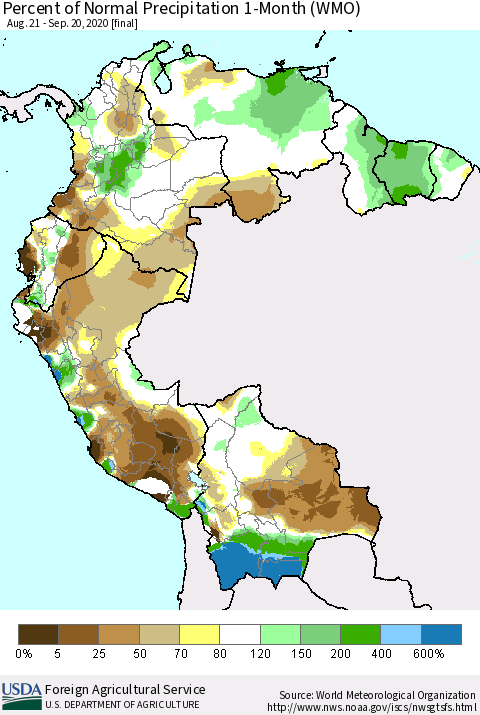 Northern South America Percent of Normal Precipitation 1-Month (WMO) Thematic Map For 8/21/2020 - 9/20/2020