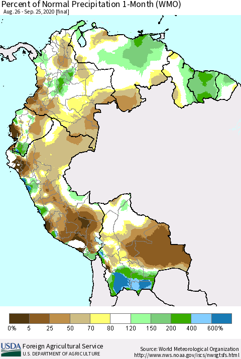 Northern South America Percent of Normal Precipitation 1-Month (WMO) Thematic Map For 8/26/2020 - 9/25/2020