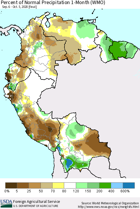 Northern South America Percent of Normal Precipitation 1-Month (WMO) Thematic Map For 9/6/2020 - 10/5/2020