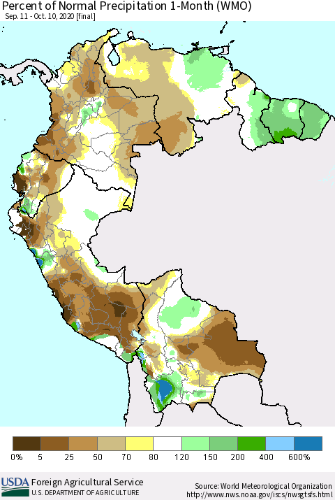 Northern South America Percent of Normal Precipitation 1-Month (WMO) Thematic Map For 9/11/2020 - 10/10/2020