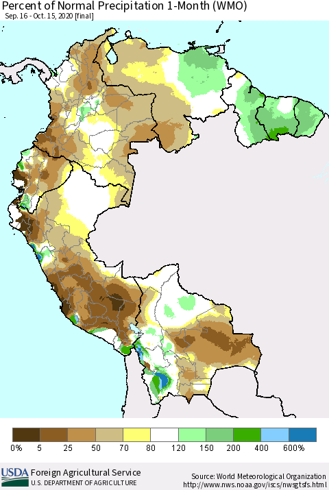 Northern South America Percent of Normal Precipitation 1-Month (WMO) Thematic Map For 9/16/2020 - 10/15/2020