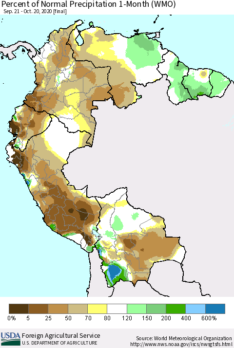 Northern South America Percent of Normal Precipitation 1-Month (WMO) Thematic Map For 9/21/2020 - 10/20/2020